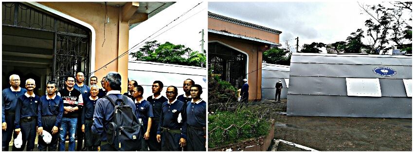 Sto. Niño Parish (Tacloban City) parish priest Rev. Msgr. Alex Opiniano (in printed shirt, left photo) poses with volunteer workers of Buddhist Tzu Chi after they have turned over to the parish the pre-fabricated tents (right photo) they built for the church’s use once reconstruction of the church edifice is started this February 20, 2014.         (by Eileen Nazareno-Ballesteros)