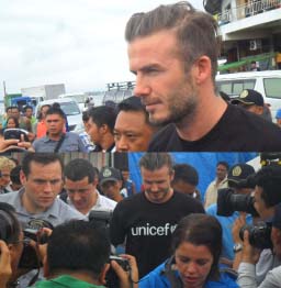 CHEERS. Football superstar David Beckham visited Yolanda victims in Tacloban City and Tanauan, Leyte on February 13 and 14. In photo above shows one of the world’s most familiar faces being mobbed during his visit at the Tacloban astrodome. (ROEL T.AMAZONA)