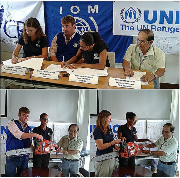 UNHCR head of office Stella Ogunalde (third from left), CRS training adviser Elizabeth Tromans (left) and IOM head of office Bradley Mellicker (second from left) ink a pact (upper photo) on the distribution of Sweden-made chainsaw to coconut farmlands badly hit by typhoon Yolanda, while PCA Regional Manager Edilberto Nierva looks on. Lower photo shows the turn-over of a representative chainsaw from the UNHCR to the conduit organizations such as IOM (by EILEEN NAZARENO-BALLESTEROS)
