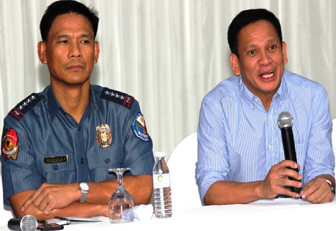 HARD AND HURT. Interior Sec. Mel Senen Sarmiento(right) said that he was hurt as Calbayog being labelled as “killbayog,” prompting the country’s top police cop, Director Gen. Ricardo Marquez, that they would get hard against criminals in the city to ensure a peaceful conduct of election this May 9, 2016. (HENRY PUYAT)