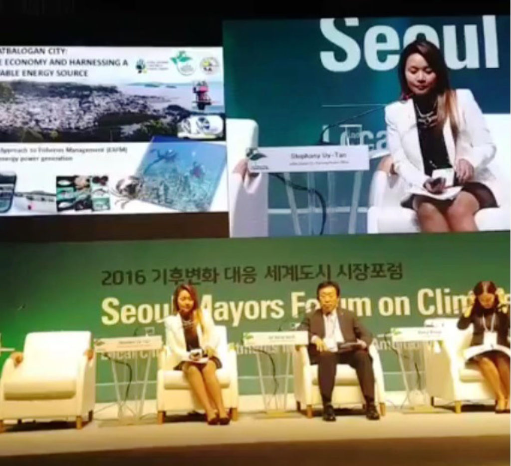 Mayor Stephany Uy Tan of Catbalogan City talks of pursuing a “blue” economy and harnessing a renewable energy source in the Seoul Mayors Forum On Climate Change 2016. She discusses future adoption of the city on an Ecosystem Approach to Fisheries Management (EAFM) and to pioneer tidal energy power generation in the Philippines Photo Credit Mayor Steph FB Page
