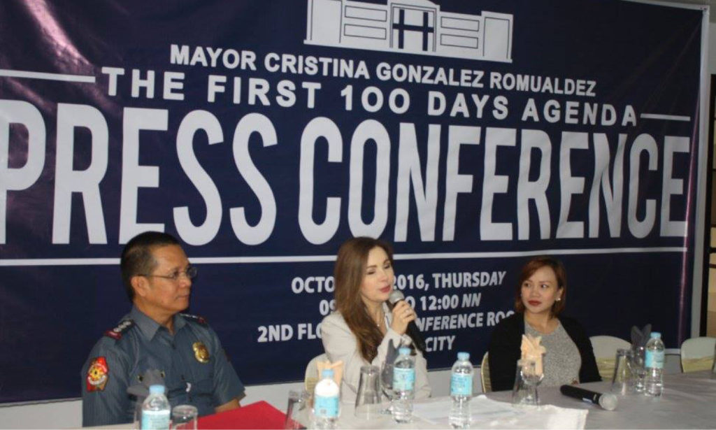 THE BEST IS YET TO COME.  Mayor Cristina Romualdez announces forthcoming projects and programs that her administration intends to accomplish for the next three years. On Thursday,Mayor Romualdez appeared in a press conference where she declared her accomplishments during her 100 days in office.She was joined by Councilor Aimee Grafil and  S/Supt.Rolando Bade, city police director.   (MEL CASPE) 