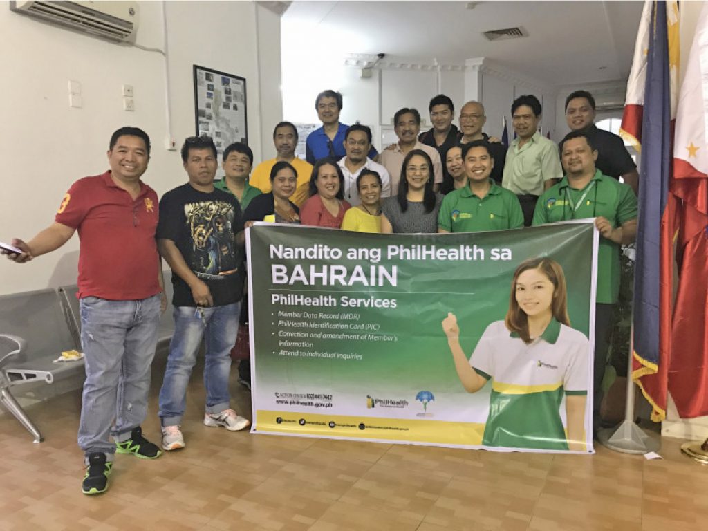 The PhilHealth Team (in green shirts) composed of PhilHealth Regional Office 8 (PRO8) Regional Vice President Renato L.  Limsiaco, Jr., Humphrey Lubangalso of PRO8 and Ronaldo Bernabe of PhilHealth NCR with the OFWs who visited the Philippine Embassy in Manama, Kingdom of Bahrain.